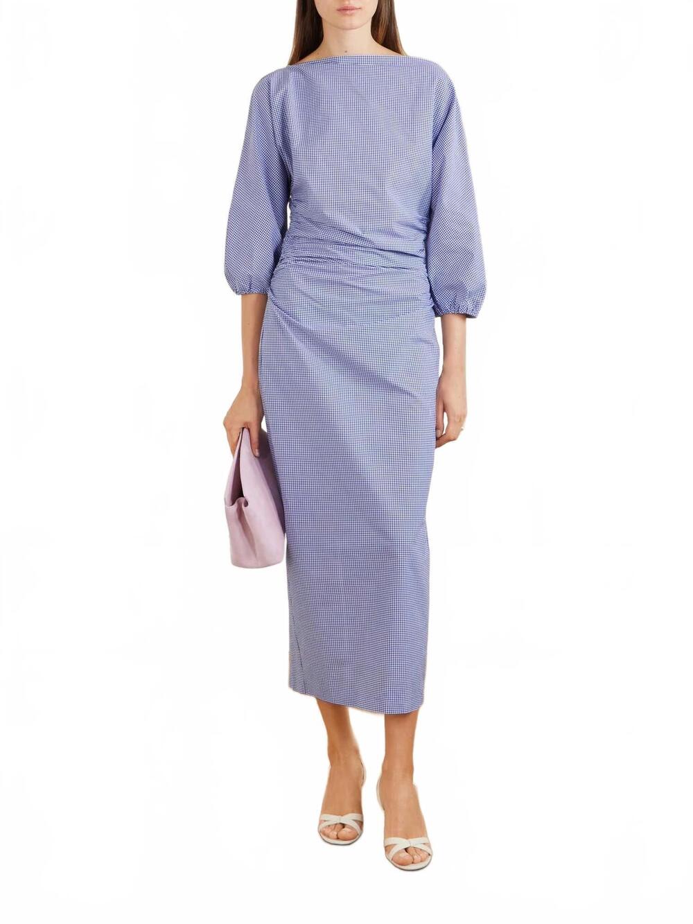 NEW BERNADETTE ezra midi dress in blue microvichy check